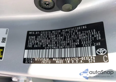 2021 Toyota Corolla Le z USA, uszkodzony, nr VIN 5YFEPMAE0MP190199